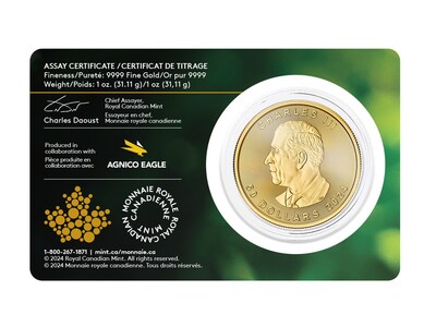 The Royal Canadian Mint’s 2024 $50 1 oz. 99.99% Pure Gold Maple Leaf Single Mine bullion coin (CNW Group/Royal Canadian Mint (RCM))