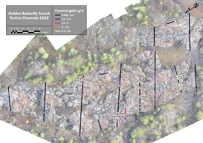 Figure 2: Gold results from Troilus Gold work in 2022 on outcrop stripping Golden Butterfly (CNW Group/Comet Lithium Corporation)