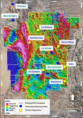 Figure 3. Location of the Domeyko ground magnetics in relation to initial exploration targets (CNW Group/Hot Chili Limited)