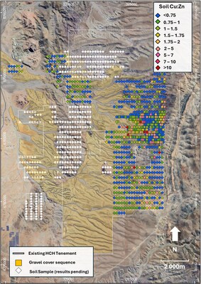 Figure 4. Location of the Domeyko soil sampling coloured by Cu/Zn assay ratio showing consistent anomalous values at Panacea and La Verde (CNW Group/Hot Chili Limited)