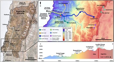 Figure 7. Location of Hot Chili’s existing water assets, in relation to the Costa Fuego Project, local communities and potential customers in the Huasco valley region of the southern Atacama, Chile (CNW Group/Hot Chili Limited)
