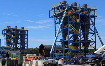 Installation of access stairs and safety railing on one of the two Cyclone stacks. Safe worksite practices are evidenced by Adelphi Construction's excellent EMR ratings.
