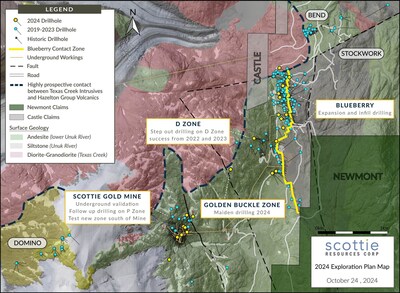 Figure 1: Overview plan view map of the Scottie Gold Mine Project, illustrating known mineralized zones along the margin of the Texas Creek intrusive, and the collars and traces of the 2024 drill holes. (CNW Group/Scottie Resources Corp.)