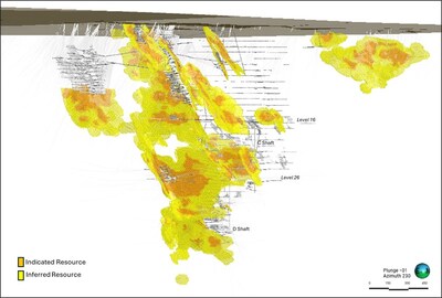 Figure 3: 3D view of resource block model looking southwest with underground mine workings and drill hole traces (CNW Group/1911 Gold Corporation)