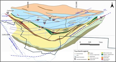 Figure 1: True North Gold Project simplified geology map with zone locations and surface vein projections (CNW Group/1911 Gold Corporation)