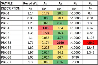 Table 1. Significant silver, lead and gold values from sampling program at Leadore, 2024. (CNW Group/Black Mammoth Metals Corp)