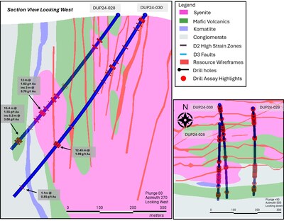 Figure 2: Buzz Zone highlighting DUP24-028 and DUP24-030 targeting the potential mineralization continuity along the western side of the target. Significant intercepts are highlighted downhole, with higher-grade zones identified along altered mineralized brecciated syenite units. The cross section is looking west. (CNW Group/First Mining Gold Corp.)