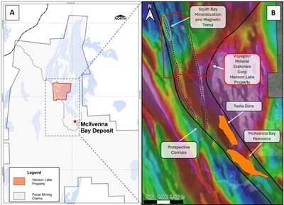 Figure 1 – A) Property map showing the Hanson Lake Property and its location relative to the McIlvenna Bay Deposit and adjacent Tesla Zone; B) Prospective corridor and magnetic trends from Foran 2023 Heli-TEM RMI merged with 2008 magnetic data from Copper Reef assessment reports on the Hanson Lake Property (CNW Group/Foran Mining Corporation)