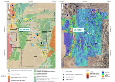 Figure 2. Location of La Verde in relation to the larger Domeyko landholding, displaying recently completed geological mapping (left) and recently acquired ground magnetic survey (right) (CNW Group/Hot Chili Limited)