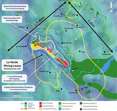 Figure 4. Plan map of La Verde showing historical drill collars, historical open pit and extents (white) compared to the recently acquired ground magnetic survey reduced to the pole half vertical derivative (RTP ½ VD) and in pit geological mapping. Hot Chili has modelled a copper mineralisation footprint (yellow) from the historical drill logs, as well as contours for quartz-sericite alteration (dashed green) and +1% A+B veining (blue) (CNW Group/Hot Chili Limited)
