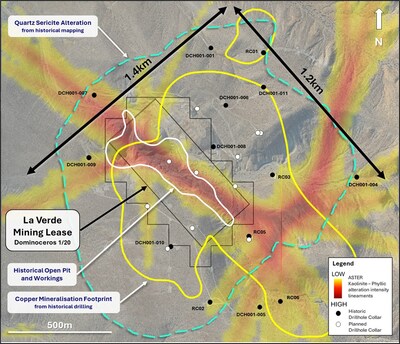 Figure 5. Plan map of La Verde showing historical drill collars and historical open pit extent (white) compared to the ASTER Kaolinite-Phyllic alteration intensity lineaments. Hot Chili has modelled a copper mineralisation footprint (yellow) from the historical drill logs, as well as contours for mapped quartz-sericite alteration (dashed green) (CNW Group/Hot Chili Limited)