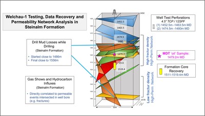 Figure 1: Showing flow test intervals relative to MDT oil sample recovery and formation core recovery in Steinalm formation (CNW Group/MCF Energy Ltd.)