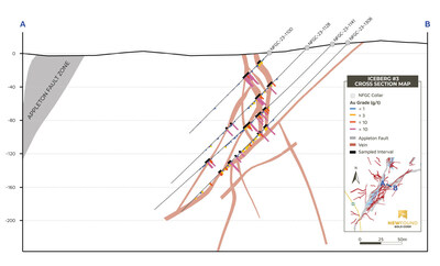 Figure 2. Example cross section of Iceberg #3 illustrating a portion of drill holes selected for metallurgical testing. The black bars shown in the figure represent the metallurgical testing intervals. (CNW Group/New Found Gold Corp.)