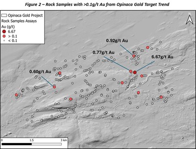 Figure 2 - Rock Samples with >0.1g/t Au from Opinaca Target Trend (CNW Group/Targa Exploration Corp.)