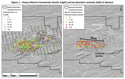 Figure 1 - Heavy Mineral Concentrate Results (right) and AU-Geochem anomaly (left) at Opinaca (CNW Group/Targa Exploration Corp.)