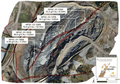 Figure 4. Aerial image of Iceberg Trench showing the modelled zone and near surface drill intercepts. (CNW Group/New Found Gold Corp.)