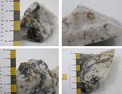 Figure 1. Photos of mineralization from KM-24-01-64 - ^Note that these photos are not intended to be representative of gold mineralization in KM-24-01-64 (CNW Group/New Found Gold Corp.)