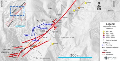 Figure 1. Plan view of the Jimenez vein target showing the drill holes reported in this release (Table 1), drilling and samples previously reported (Table 2). (CNW Group/Outcrop Silver & Gold Corporation)