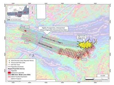 Figure 5: Two highly prospective interpreted structural corridors between CV13 and the CV8 and CV12 spodumene pegmatites that remain to be drill tested. Airborne magnetic underlay. (CNW Group/Patriot Battery Metals Inc.)