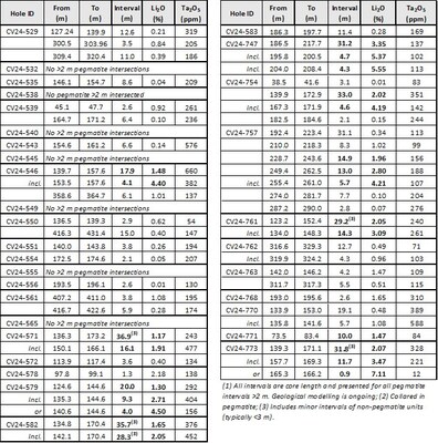 Table 1: Core assay summary for drill holes reported herein at the CV13 Spodumene Pegmatite. (CNW Group/Patriot Battery Metals Inc.)