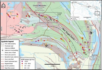 Figure 2: Central Manitoba Location Map with Surface Assays (CNW Group/1911 Gold Corporation)