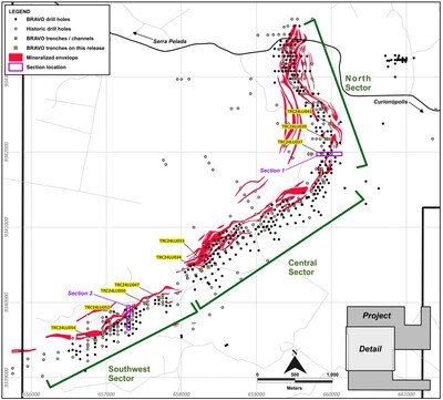 Figure 4: Location of Bravo Trenches and Sections Reported in this News Release (CNW Group/Bravo Mining Corp.)