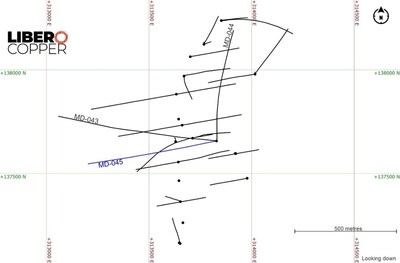 Figure 1. Plan view of the MD-045 hole and the location of the historical drilling at the Mocoa project. (CNW Group/Libero Copper & Gold Corporation)