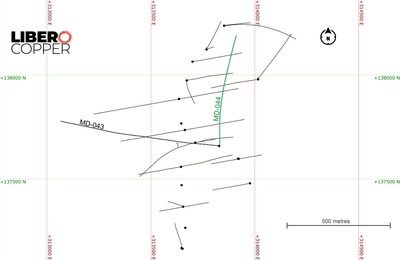 Figure 1. Plan view of the MD-044 hole and the location of the historical drilling at the Mocoa project. (CNW Group/Libero Copper & Gold Corporation)