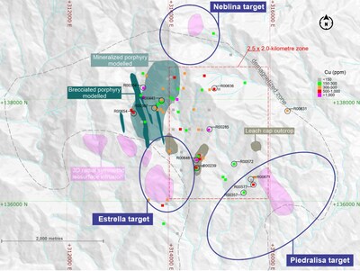 Figure 2. Plan view of the Mocoa porphyry system, presenting assay results from rock samples and a 3D projection onto the surface highlighting mineralized and brecciated porphyries at the Mocoa porphyry Cu-Mo deposit. (CNW Group/Libero Copper & Gold Corporation)