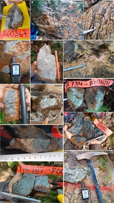 Figure 3. Highlighting rock samples in figure 2, showing the lithology, alteration and veining observed. A). Rock sample R00367 showing strong-sericite alteration in the upper part of the Mocoa porphyry with some remaining C-type veins (chalcopyrite dominant). B). Rock sample R00445 over a s well-preserved stockwork mapped close to MD-045 drill pad. C). D-type veining in rock sample R00654 of a strong sericite-altered dacite porphyry in the east side of the drilled area of Mocoa porphyry. D). Strong sericite-altered dacite porphyry with up to 5% of disseminated pyrite and 15% of iron oxides in rock sample R00304 at the NW side of the drilled area. E). Strong sericite-altered dacite porphyry with up to 15% of disseminated pyrite in rock sample R00636, 1,500-metres east of the drilled area. F). Leach cap outcrop (R00285) with strong argillic alteration and iron oxides up to 30%, 800-metres south of rock sample R00636. G). Strong sericite-altered dacite porphyry with truncated and well-preserved A-type veinlet with K-spar halo in rock sample R00631, 2,600-metres east of the drilled area. H). Leach cap outcrop (R00239), southeast of the drilled area in the east side of the Tosoy creek. I). Silicified volcanic rock in rock sample R00648. J). Microdiorite with disseminated sphalerite and pyrite in rock sample R00671. K). Potassic altered microdiorite. L). Sericite-altered quartz-diorite with minor content of disseminated chalcocite in rock sample R00577. M). Strong sericite-altered dacite porphyry in rock sample R00357. (CNW Group/Libero Copper & Gold Corporation)