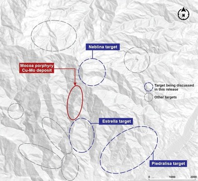 Figure 1. Plan view of the Mocoa porphyry Cu-Mo deposit and the exploration targets discussed in this release. (CNW Group/Libero Copper & Gold Corporation)
