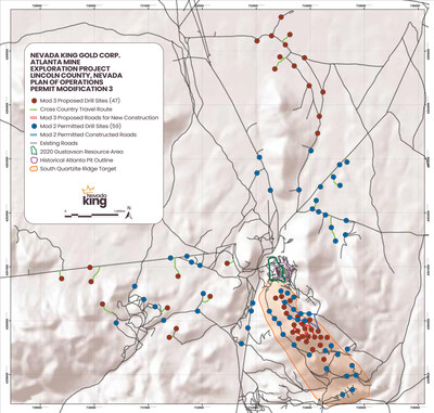 Figure 1. Red markers indicate proposed drill pad locations, while red lines show proposed road cuts included within the Plan of Operations Modification III submitted for BLM approval. (CNW Group/Nevada King Gold Corp.)