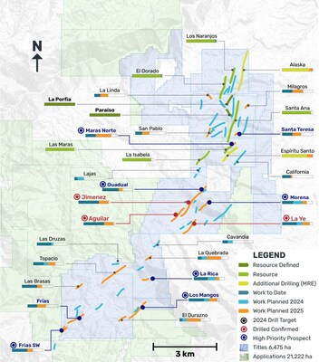 Map of the Santa Ana project highlighting key areas of planned exploration and development (CNW Group/Outcrop Silver & Gold Corporation)