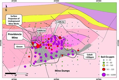 Figure 5 – Providencia Target geology map, soil sample locations, and cobalt anomaly (geology legend in Figure 7) (CNW Group/Pan Global Resources Inc.)