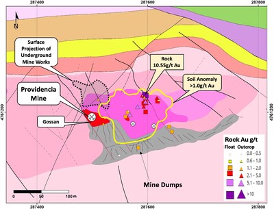 Figure 8 – Providencia Target geology map, rock sample gold results, and soil gold anomaly (geology legend in Figure 7) (CNW Group/Pan Global Resources Inc.)