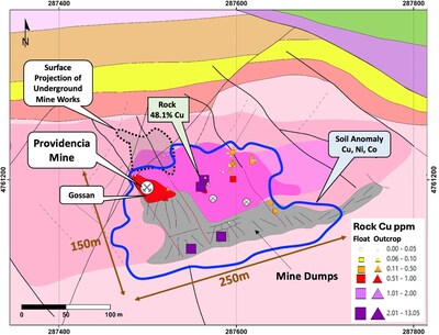 Figure 9 – Providencia Target geology map, rock sample copper results, and copper-nickel-cobalt anomaly location (geology legend in Figure 7) (CNW Group/Pan Global Resources Inc.)