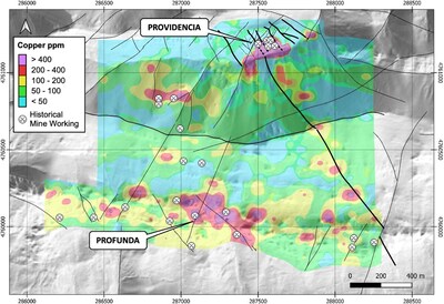Figure 1 – Soil copper anomaly map based on 1,089 samples, highlighting strong anomalies at the Providencia and Profunda targets (CNW Group/Pan Global Resources Inc.)