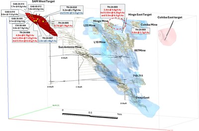 Figure 2: Isometric view of True North Mine Complex with target area locations, underground workings, and known vein shapes (light blue) (CNW Group/1911 Gold Corporation)