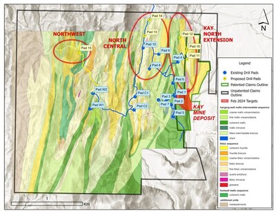 Figure 2. Map showing proposed additional drill pads and access roads in yellow, planned to be permitted under the current Notice of Intent to Explore. Existing pads and roads in blue. (CNW Group/Arizona Metals Corp.)