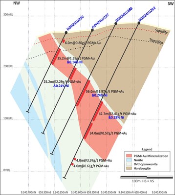 Figure 2: Central Sector (Section 2 on Figure 4). Extensional drilling defines significant future MRE growth potential, still open shallow depths. (CNW Group/Bravo Mining Corp.)