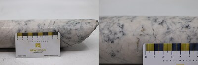 Figure 1: Photos of mineralization at Dropkick, Left: at ~296m in NFGC-24-2193 and Right: at ~306.6m in NFGC-24-2197. 
^Note that these photos are not intended to be representative of gold mineralization in NFGC-24-2193 and NFGC-24-2197. (CNW Group/New Found Gold Corp.)