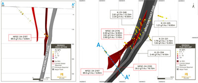 Figure 4: Dropkick Zone Left: 3D cross-section (+/-25m looking northeast), Right: 3D plan view map (CNW Group/New Found Gold Corp.)