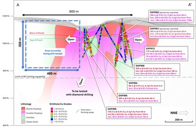 Figure 4. NNW facing longitudinal section (A - A’) of the La Verde porphyry system showing significant intercepts compared to the tonalitic (pink polygon) and dioritic (red polygon) porphyry intrusions interpreted from down hole geological logging. Weathering profile displayed as base of oxide (red line) and top of fresh (green line) material. Returned Cu grades graphed downhole along hole traces (grey).  Area to be tested with remaining RC program outlined by the dashed blue box. (CNW Group/Hot Chili Limited)