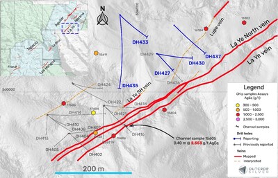 Figure 1. Plan view of La Ye vein target showing the drill holes reported in this release (Table 1), previous drilling, and samples previously reported (Table 2). For details on previous drill holes, refer to news releases dated October 8, 2024, November 19, 2024 and January 06, 2025. (CNW Group/Outcrop Silver & Gold Corporation)