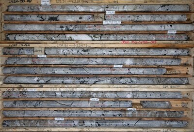 Figure 4: Very high-grade spodumene pegmatite with very large spodumene crystals from the Nova Zone at CV5 (drill hole CV24-733). Drill core grades 4.0% Li2O over 18.4 m (254.0 m to 272.4 m). (CNW Group/Patriot Battery Metals Inc.)