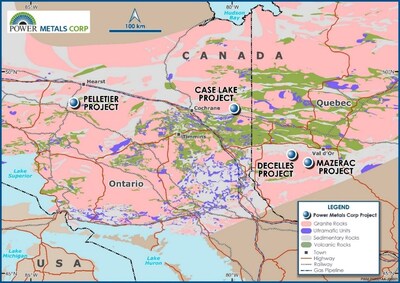 Figure 5 – Power Metals Corp Project Locations Map in Ontario and Quebec Canada (CNW Group/Power Metals Corp.)
