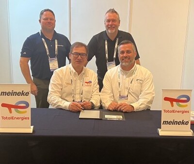 Pictured (Left to Right): Rod Umphreys (TotalEnergies Marketing USA Inland Lubricants National Director), Franck Bagouet (TotalEnergies Marketing USA President), Brian Dorsey (Meineke MDPCI Board Member), and Jason Shively (Meineke MDPCI President Jason Shively)