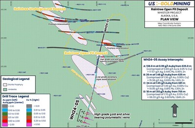 Figure 2 - Raintree Prospect drill plan with gold and copper histograms plotted (left and right respectively; see legend) for 2024 drill hole traces (WH24-01 & WH24-05). (CNW Group/U.S. GoldMining Inc.)