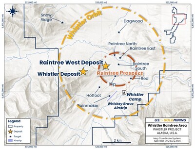 Figure 1 - Location map of the northern Project highlighting the Whistler and Raintree Deposits. Raintree Deposit lies within the broader Raintree Prospect area located approximately 1 kilometer east of the Whistler Deposit. (CNW Group/U.S. GoldMining Inc.)