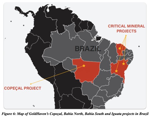 Map of GoldHaven's Copeçal, Bahia North, Bahia South and Iguata projects in Brazil